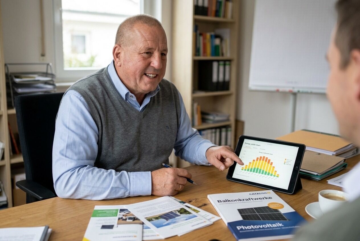 Oliver Porzel im Erstberatungsgespräch am Bürotisch, Ertragsverlauf auf dem Tablet