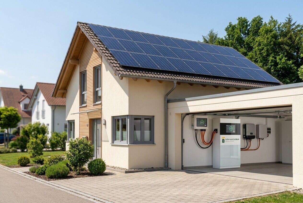 Photovoltaikanlage auf dem Dach eines Einfamilienhauses mit Speicheranbindung