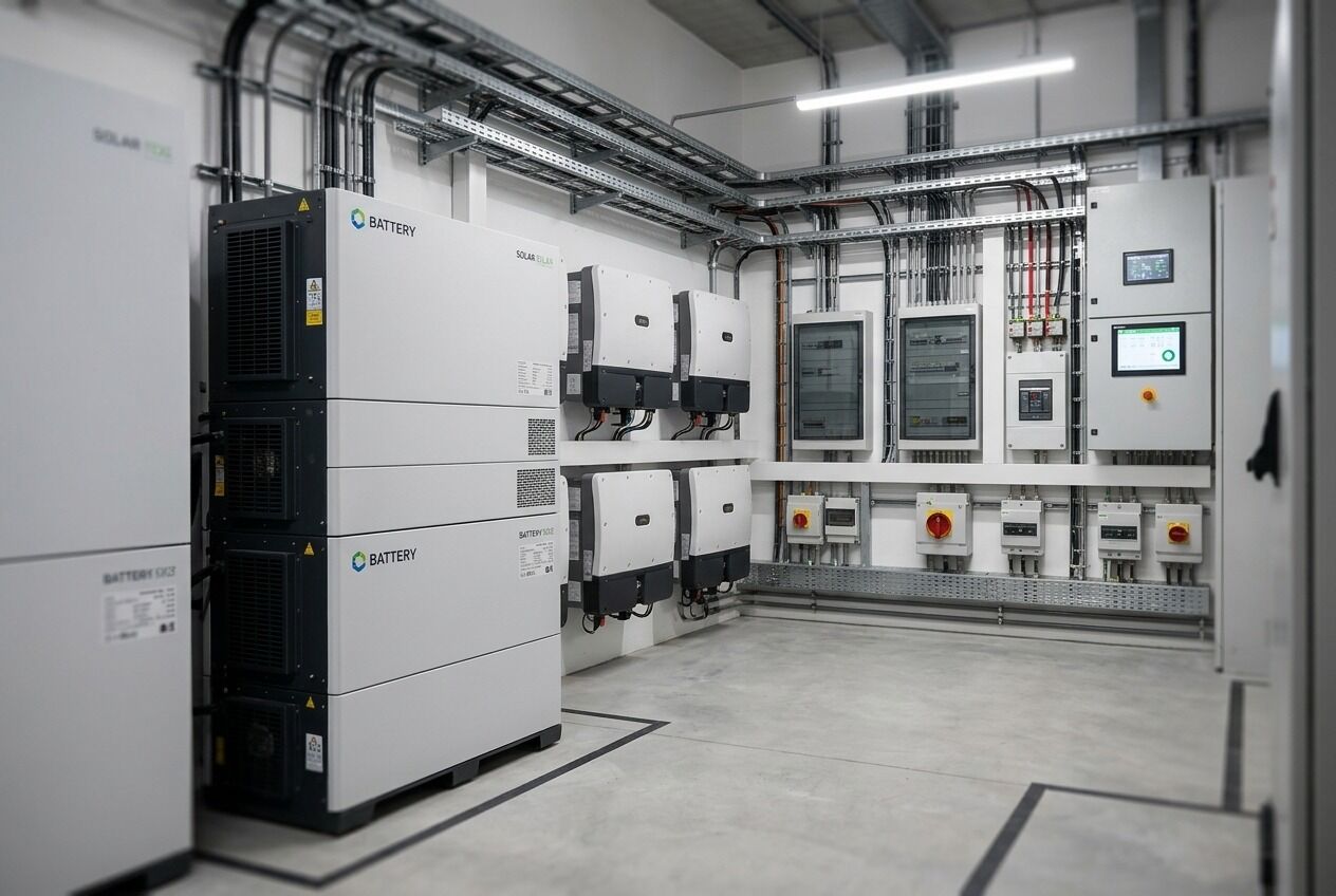Batterieschränke, Wechselrichter und Schaltschränke eines Gewerbespeichers im Technikraum