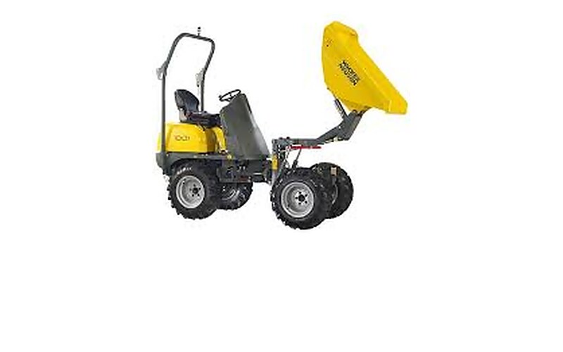 Seitenansicht des Wacker-Neuson-Dumpers mit hochgekippter gelber Mulde und Allradfahrwerk